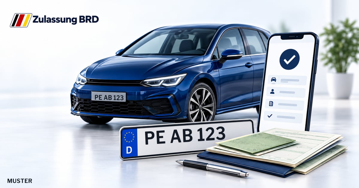 Online Fahrzeugzulassung in Vechelde: Musterkennzeichen PE AB 123, Auto und Fahrzeugpapiere und Smartphone. Illustration mit Logo von Zulassung BRD.